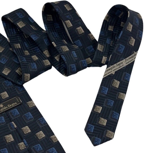 Ermenegildo Zegna Tie Mens Blue Tan Square Geometric Silk Luxury Business - Picture 8 of 11